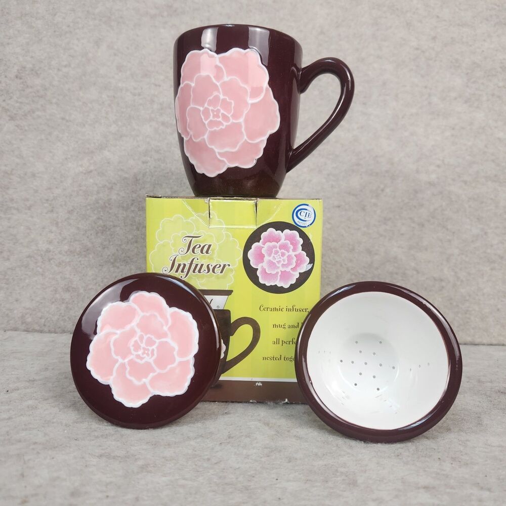 Ceramic Tea Infuser Mug and Lid Set, Floral Design, Ceramic Infuser Included